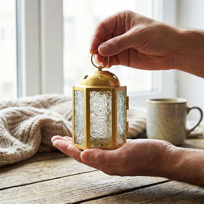 VELA LANTERNS Mini Moroccan Tea Light Candle Holder Lanterns – 4.25" Small Decorative Lantern for Table or Hanging, Metal with Glass Panels – Ramadan, Wedding, Home Decor, Gold (Set of 4)