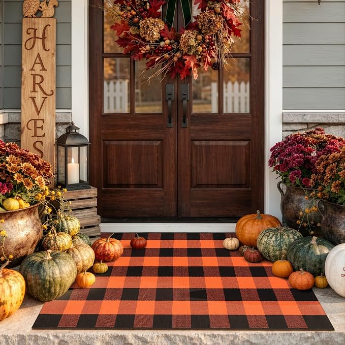 LEEVAN Halloween Buffalo Plaid Door Mat 3x5 Layering Front Porch Rugs | Washable Black and Orange Fall Thanksgiving Checkered Outdoor Doormat, Fall Decor Woven Door Mat for Patio Entryway Kitchen