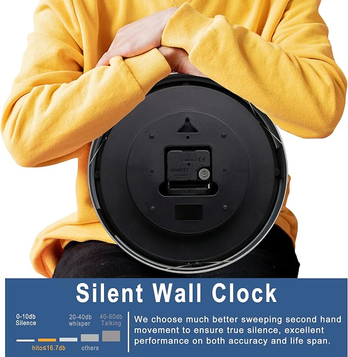 HITO 12 Inch Silent Wall Clock Battery Operated Non Ticking Glass Cover Silver Aluminum Frame, for Kitchen, Bedroom, Home Office, Living Room Decor (12" Black)
