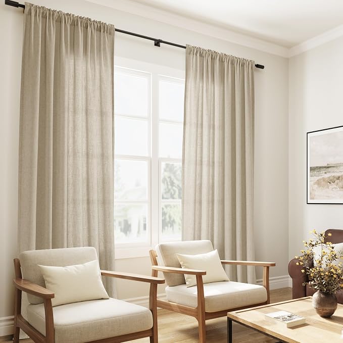 Eggshell Beige Linen Curtains 102 Inches Long Rod Pocket Semi Sheer Dining Room Cozy Bedroom Decor Cotton Look Country Rustic Farmhouse Boho Curtains 2 Panel Set,52x102