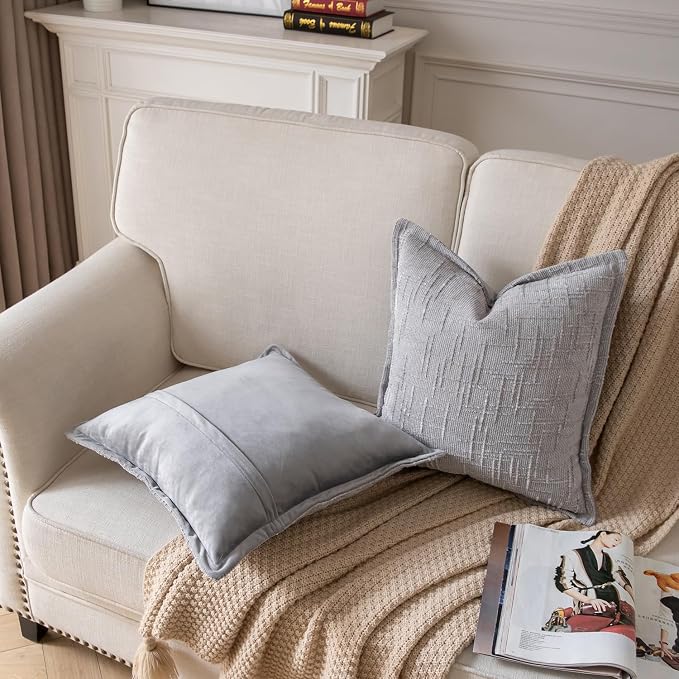 Yaertun Chenille Throw Pillow Covers 26x26 Inch Set of 2 Textured Broadside Soft Cozy Velvet Pillow Covers Modern Farmhouse Boho Decorative Pillow Cases for Couch Bed Sofa Livingroom Light Gray