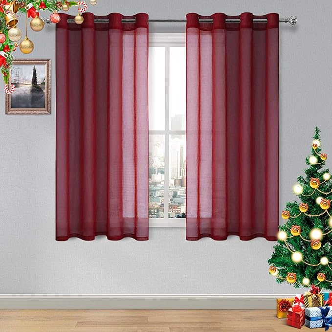 DWCN Burgundy Sheer Curtains, Faux Linen Grommet Window Curtain Voile Sheer Drapes for Living Room Bedroom Thanksgiving Day & Christmas Decor Set of 2 Panels 52 x 54 Inch Long, Burgundy Red