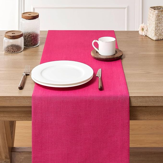 ZeeMart Linen Textured Border Table Runner, 14 x 90 Inch Hot Pink | Mitered Corner Design, Medium Weight Fabric, Modern Farmhouse Style, Machine Washable Easy Care Everyday Table Scarf