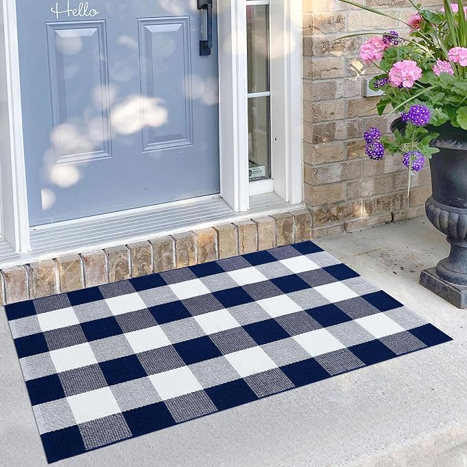 KILOCOCO Buffalo Plaid Checkered Rug 27.5x43 in Blue White Front Door Rug | Cotton Woven Outdoor Rug, Machine Washable Front Door Mat, Indoor Entryway Rug, Low Pile Welcome Mats for Farmhouse