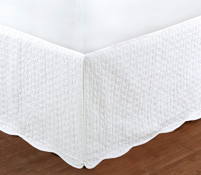 White Quilted Bed Skirt Dust Ruffle Matelasse Tailored 16" Drop (Queen)