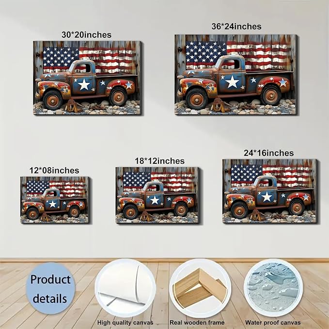 Framed Rustic American Flag Vintage Truck Wall Art, Patriotic Farmhouse Canvas Art Pictures, Distressed USA Wall Decor for Garage Man Cave Living Room, Ready to Hang Made in USA