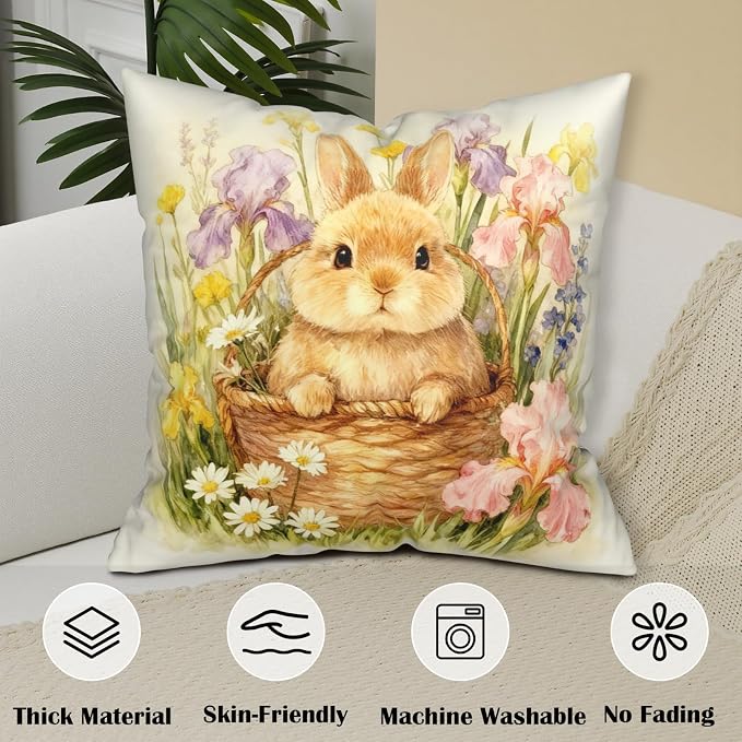 Easter Bunny Throw Pillow Covers Spring Watercolor Rabbit Floral Pillow Covers 22x22 Set of 2 Happy Easter Farmhouse Pillow Cases Spring Holiday Cushion Cases for Home Couch