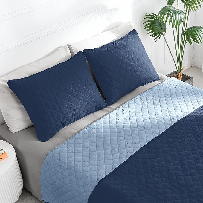 Easy-Going Reversible Quilt Set California King, Bedspread with 2 Shams | Dark Blue/Light Blue, Machine Washable Lightweight Microfiber Bed Comforter, 1 Quilt + 2 Pillow Shams, All-Season Coverlets
