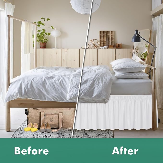 Wrap Around Full Bed Skirt Split Corners 21" Drop-Elastic Long Dust Ruffle | White Adjustable Pleated Bedskirt-Easy Fit Wrinkle Resistant Washable Bed Skirting-Hotels Apartment Guest Bedroom Bed Posts
