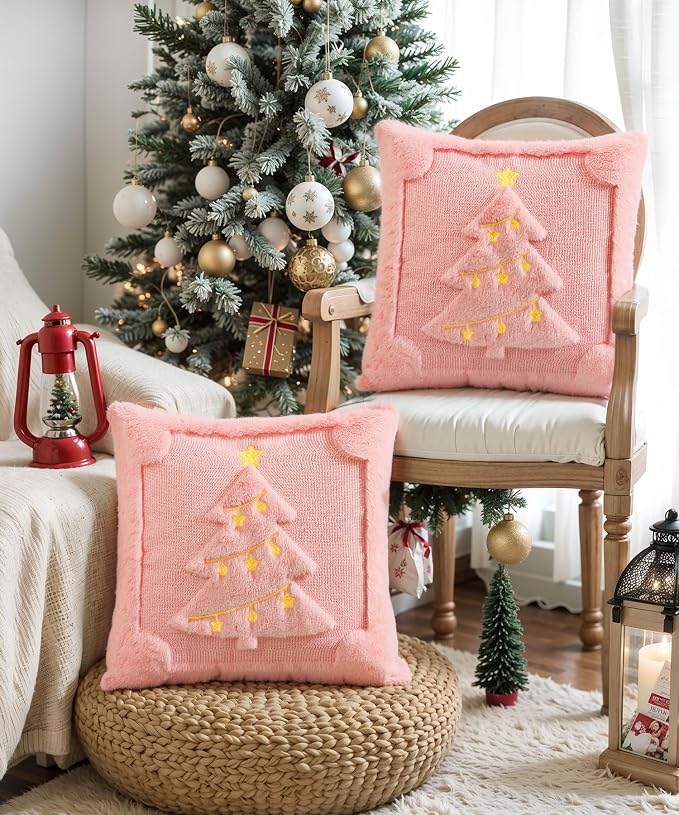 Christmas Pillow Covers Set of 2 Soft Plush Faux Fur Pillow Cases 3D Embroidered Decorative Couch Cover Home Decor Christmas Throw Pillow Covers 18x18,Pink Christmas Tree