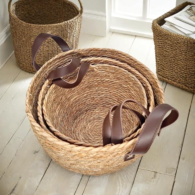 GIB Round Seagrass Storage Baskets Woven Wicker Planter Baskets for Decor | Decorative Basket for Blankets, Plants, Shelves Organizing, Natural Rattan, Leather Handles, 13", 12" & 11", Set of 3