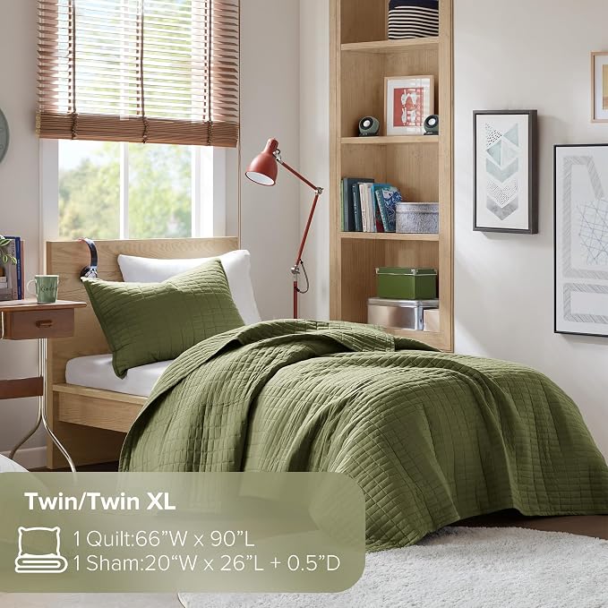 Comfort Spaces Kienna Twin Quilt Bedding Set 2 Piece, 66"x 90" Olive Green | Soft Cozy Lightweight Summer Twin XL Coverlet for College Dorm, Quilted Extra Layer, Modern Casual Bedroom Decor, OEKO-TEX