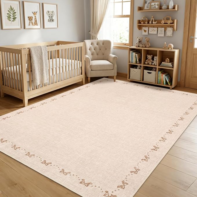 COZYLOOM Rugs for Living Room 4x6 Modern Bow Area Rugs for Bedroom, Solid Color Washable Area Rug with Non Slip Backing, Non Shedding Low Pile Carpet Stain Resistant Mats for Entryway Nursery, Beige