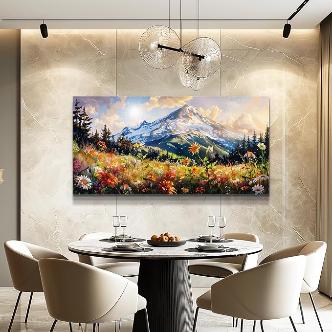 FUHAIHUA Large Framed Wall Decor For Living Room Canvas Wall Art For Office Farmhouse Wall Decorations For Bedroom Mountain Flower Landscape Paintings Modern Pictures Artwork Home Decor 24x48 In