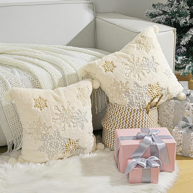 Lewondr Christmas Throw Pillow Cover, 18x18 Inch, Set of 2, Oatmeal | Faux Fur, Cozy Soft, Plush Ball with Luxury Sequins Embroidered Snowflakes, For Bed Home Decor Living Room
