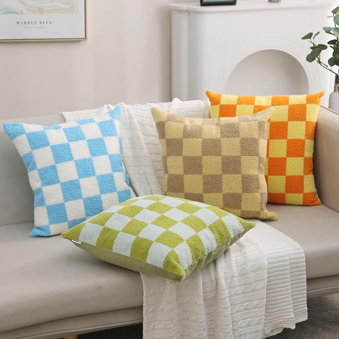 Alysheer Checkered Embroidered Throw Pillow Covers 18"x 18" 2pc Blue White