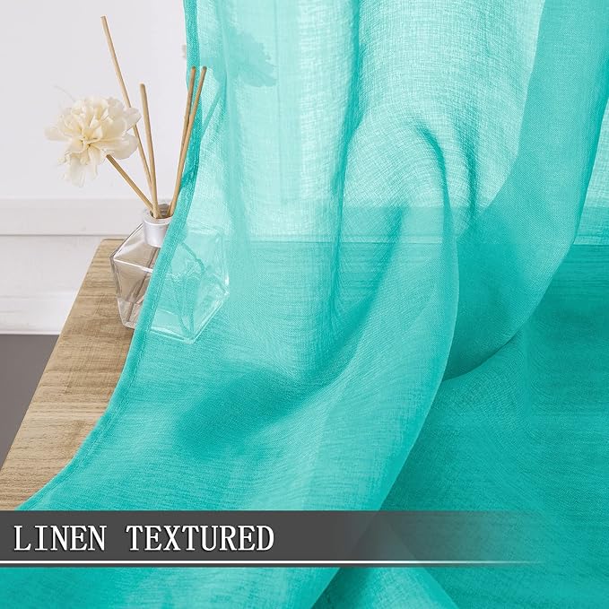 Tollpiz Short Sheer Curtains Linen Textured Living Room Curtain Sheers Light Filtering Rod Pocket Voile Curtains for Bedroom, 42 x 45 inches Long, Aqua Blue, Set of 2 Panels