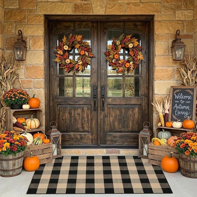 Buffalo Plaid Outdoor Rug 3x5 Ft Coffee and Black Checkered Area Rug Washable Doormats Indoor Outdoor Rugs for Layered Front Door Mats, Porch, Entryway, Kitchen, Farmhouse
