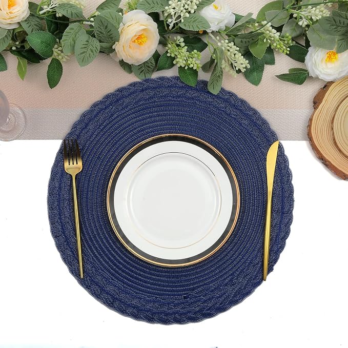SHACOS Round Placemats Set of 6 Braided Border Fabric Woven Table Mats Washable 15 inch Circle Place Mats for Dining Table, Navy Blue