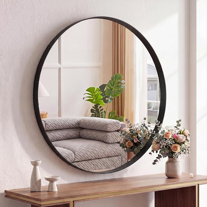 NEWBULIG 28-Inch Round Wall Mirror, Bathroom Wall Circle Mirror | Metal Frame, Bathroom Decor for Entryway, Living Room, Vanity, Black