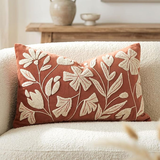 BlissBlush Lumbar Pillow Cover 12x20 Inch, Rust Terracotta Floral Tufted Velvet Decorative Accent Pillow Case for Sofa Bed Living Room, Cover Only