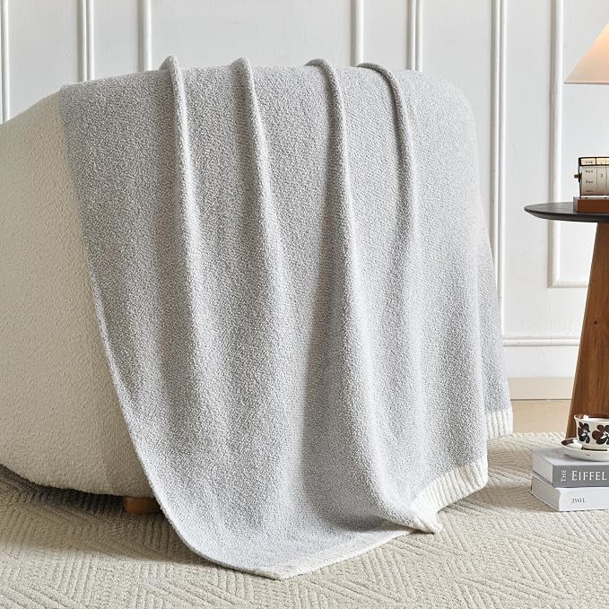 Chunky Knit Boucle Throw Blanket, Soft Washable Coastal Blanket for Bed Couch, Lightweight Cozy Oversized Feather Knit Blanket Indoor Outdoor for Sofa (Grey, Throw 50"x60")