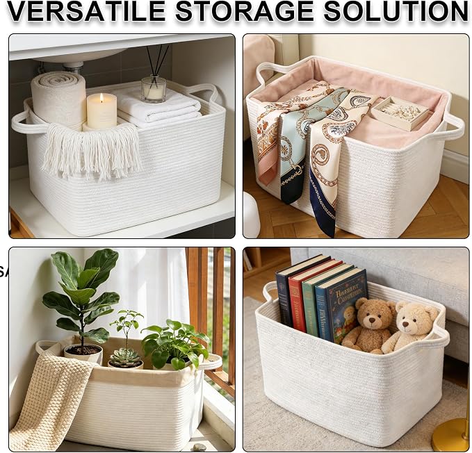 96L Woven Laundry Basket with Handles, Extra Blanket Basket,White | 24"×16"×15" Collapsible Cotton Rope Storage Basket for Toys Clothes & Pillows, Nursery, Bathroom, Bedroom, Living Room