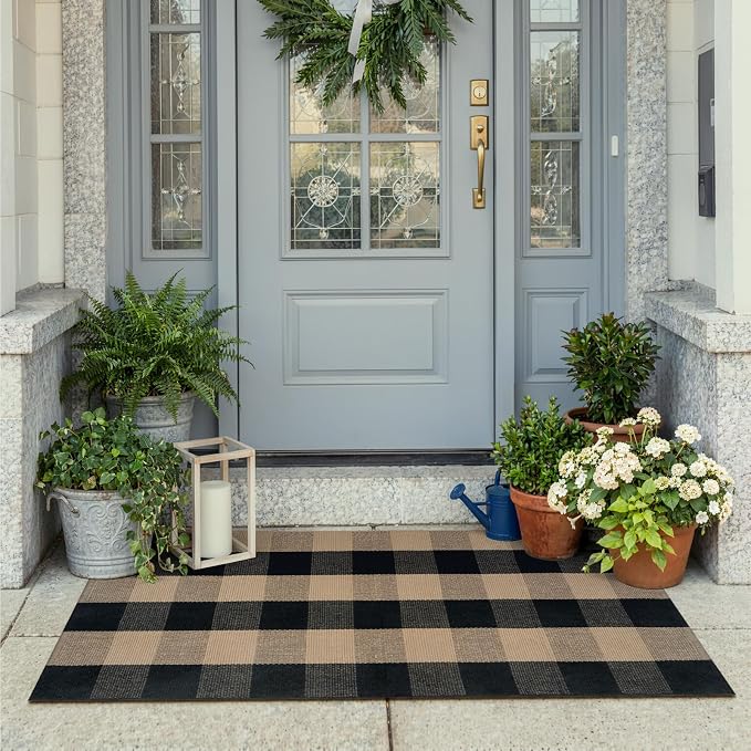 LEEVAN Buffalo Plaid Outdoor Door Mat, Washable Checkered Layering Rug | Small 2x4.3 Black and Tan Rustic Check Entryway Doormat, Hand Woven Cotton Welcome Rug for Front Porch Kitchen Patio Bathroom