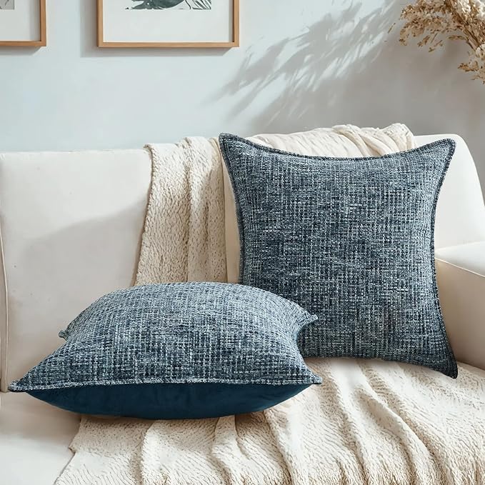 HAUSSY Pack of 2 Chenille Tweed Throw Pillow Covers 22x22 Inch, Navy Blue
