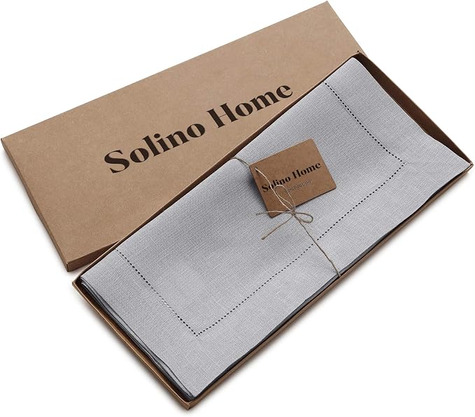 Solino Home 100% Pure Linen Table Runner Soft Grey Hemstitch, 14 x 90 in | Classic Hemstitch, a graceful centrepiece for dining and gatherings, hemstitched border, mitered corners, OEKO-TEX Certified