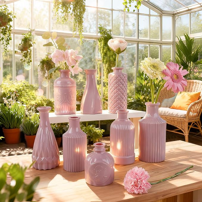TBWIND 12 Pcs Blush Pink Glass Bud Vase Set | Mini, Vintage, For Flowers, Centerpieces, Wedding & Home Décor
