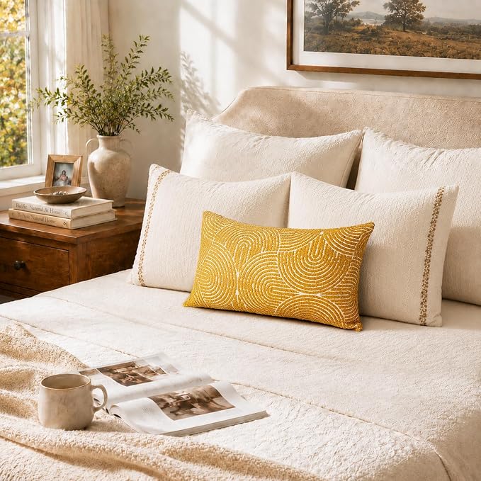 AELS Boho Decorative Textured Throw Pillow Covers 12x20, Organic Modern Mid Century Rainbow Tufted Pillow Case, Farmhouse Rustic Geometric Woven Cushion Case for Bed Couch Sofa, Mustard Yellow