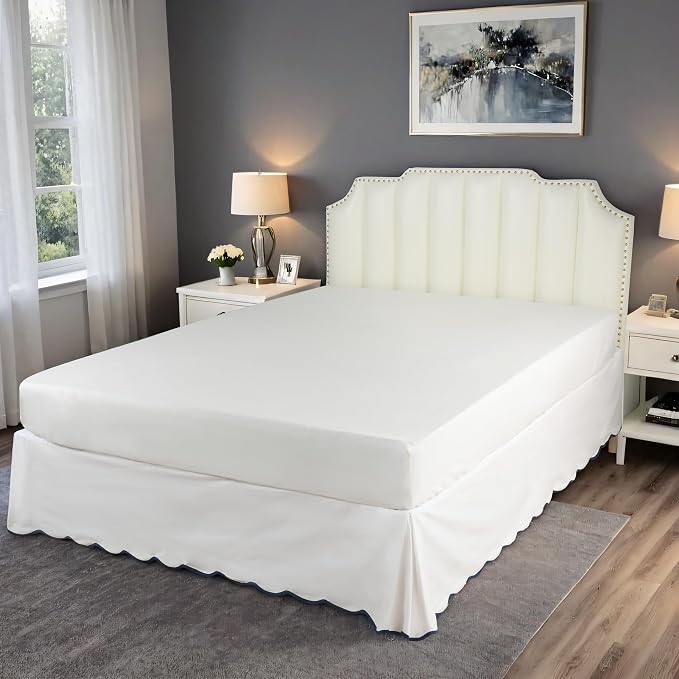 HIG Chic 12'' Queen BedSkirts Scallop Edge Pleated Dust Ruffle | Easy Fit, Anti-Slip, Thick Fabric for Enhanced Privacy, Pre-Washed for Long-Lasting Use, Off White/Navy