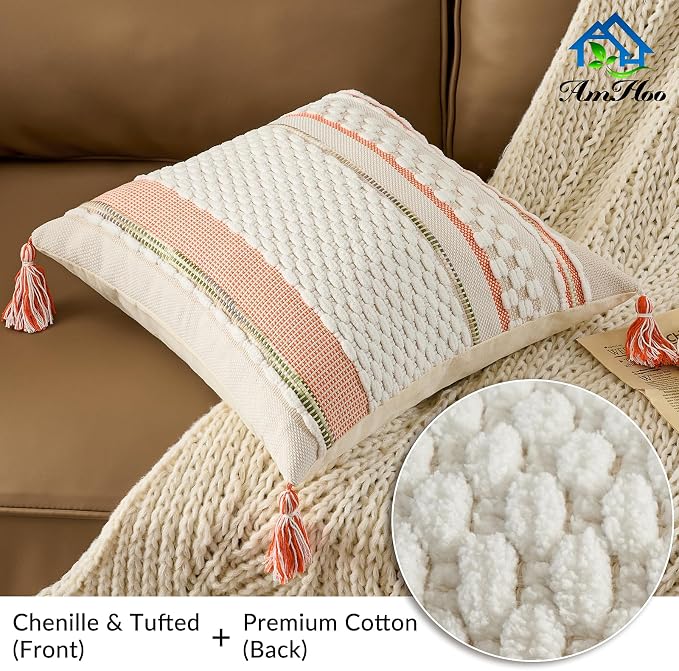AmHoo Set of 2 Chenille Striped Textured Boho Throw Pillow Covers Aesthetic with Tassels Woven Decorative Pillow Case for Couch Bed Sofa Bedroom Modern Funky 18 x 18-Inch White Orange