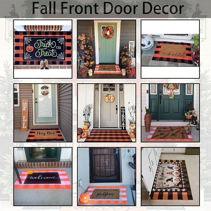 Orange and Black Plaid Rug, 4' x 6' Fall Outdoor Front Door Decor Mat, Cotton Washable Hand-Woven Rug for Layered Doormat, Autumn Halloween Thanksgiving Carpet for Porch, Entryway