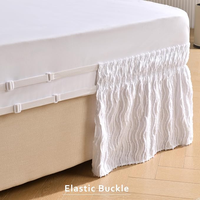 MIYE Wrap Around Ruffled Lace Bed Skirt, Elastic Dust Ruffle with Adjustable Belts, Easy to Put On, Bed Frame Cover, Machine Washable (Wavy/White, King/Queen-12.5" Drop)