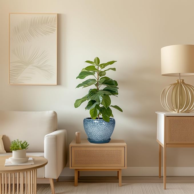 Ceramic Planter Pots - 8 Inch Planters for Indoor Outdoor Plants, Modern Flower Pot with Drainage Hole and Saucer, Round Ceramic Planter, Bookshelf Decor, Gifts for Gardeners, Stone Blue