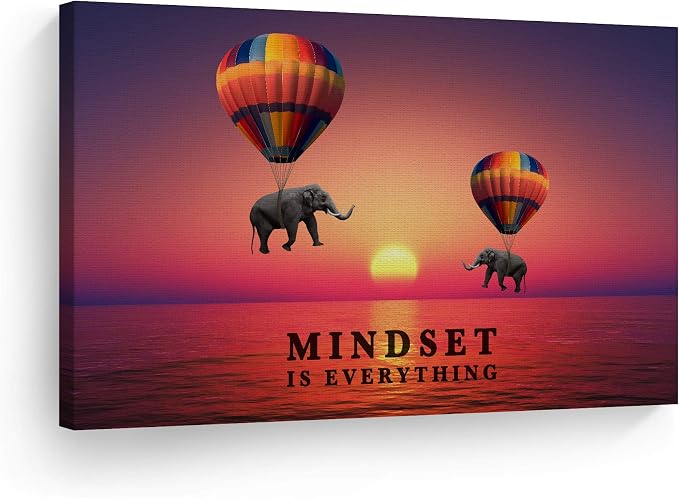 Smile Art Design Mindset is Everything Elephant with Balloon in Sunset Motivational Wall Art Canvas Print Inspirational Wall Art Entrepreneur Quote Office Living Room Decor Gift Ready to Hang 11x17