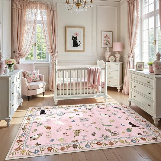 AIMPEAK Pink 4x6 Washable Area Rug - Non Slip Low Pile Cat Floral Boho Medium Carpet for Living Room, Bedroom, Nursery, Girls' Room, Entryway, Farmhouse, Kids Playroom, Pink Multi
