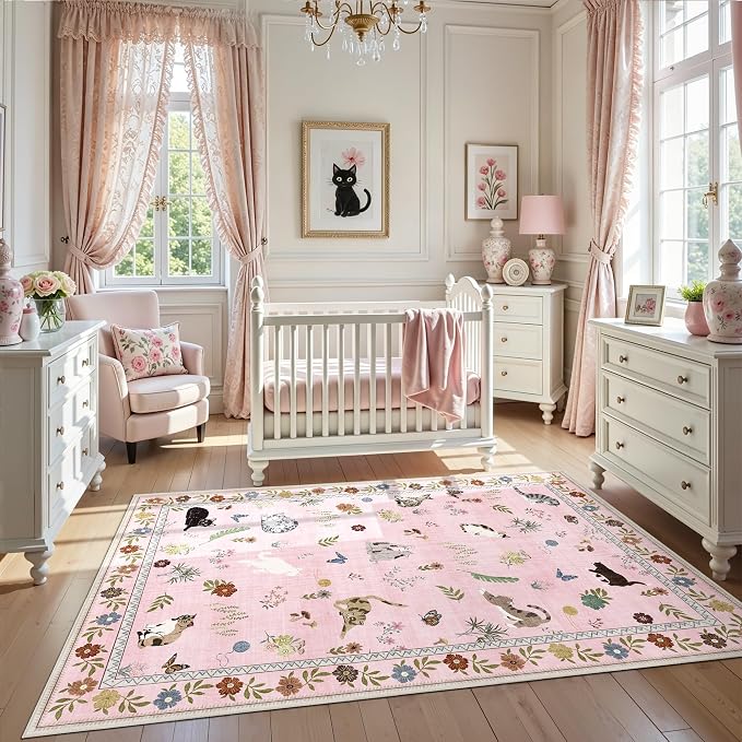 AIMPEAK Pink Area Rugs 3x5 Small Thin Entryway Rug - Vintage Boho Cat Animal Washable Non-Slip Living Room Carpet Soft Low Pile Bedroom Floor Mat Indoor for Nursery Girls Room Playroom, Pink Multi