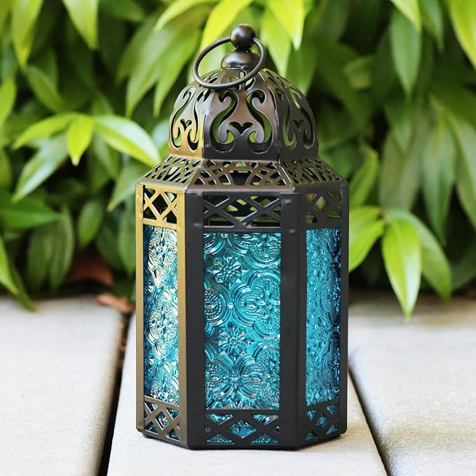 Vela Lanterns Decorative Indoor Moroccan Candle Table Centerpieces, Blue, S | Moroccan Lamp, Hurricane Glass Candle Holder, Patio Porch Decor, Arabian Nights Ramadan Centerpiece, Set of 2