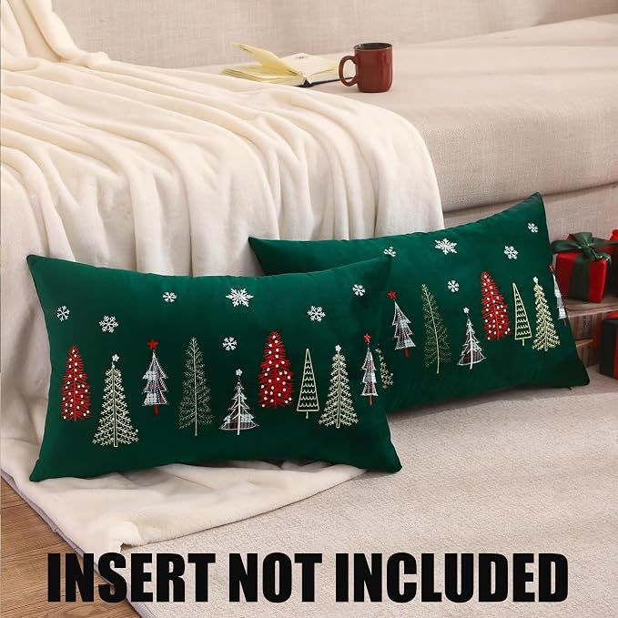 Christmas Embroidery Throw Pillow Covers 16 x 26 inch Set of 2 Christmas Dec Velvet Pillowcases Forest Green Xmas Tree Cushion Pillow Cases Soft Lumbar Holiday Pillowcase