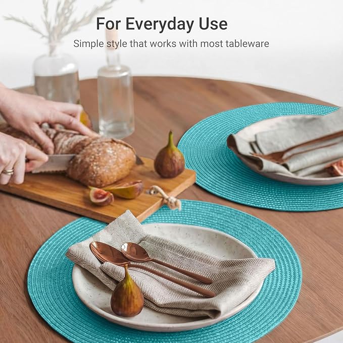 FunWheat Round Braided Placemats Set of 8 Place Mats for Dining Table Woven Washable Non-Slip Table Mats 15 Inch(Turquoise,8pcs)