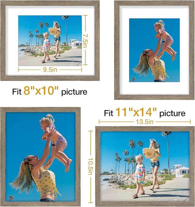 Vittanly 11x14 Picture Frames Set of 9 for Wall Mounting, Grayish Brown | Display Pictures 8x10 with Mat or 11x14 without Mat, Engineered Wood with Shatter Resistant Plexiglass, Gallery Photo Frames