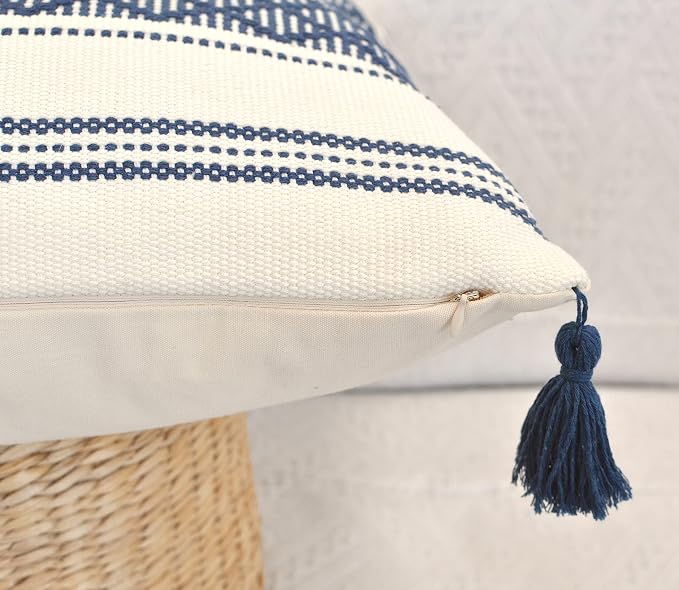 Decorative Boho Lumbar Pillow Covers with Tassels Navy Blue Off White, 12x20 inch -Set of 2 / Small Rectangle Cushion Covers for Couch Sofa/ Farmhouse Woven Pillow Cases/ Accent Chair Pillow Covers