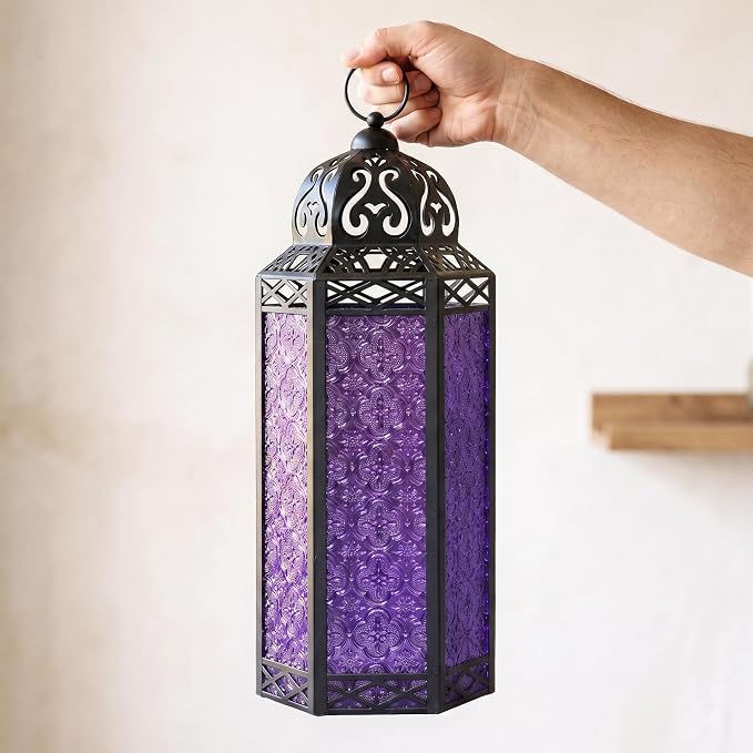 Vela Lanterns Decorative Indoor Tall Floor Candle Holder, Purple, XL | Extra Large Gothic Whimsigoth Decor, Moroccan Lantern, Halloween Witch Lamp, Indoor Outdoor Patio, 16.3" Tall