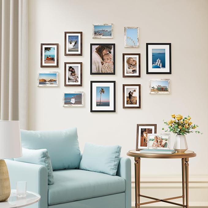 Vittanly 15 Pack Gallery Wall Frame Set, Black, Brown, Distressed White | Picture Frames Collage Wall Decor: 3pcs 8x10, 6pcs 5x7, 6pcs 4x6. Picture Frame Set for Wall or Tabletop Display