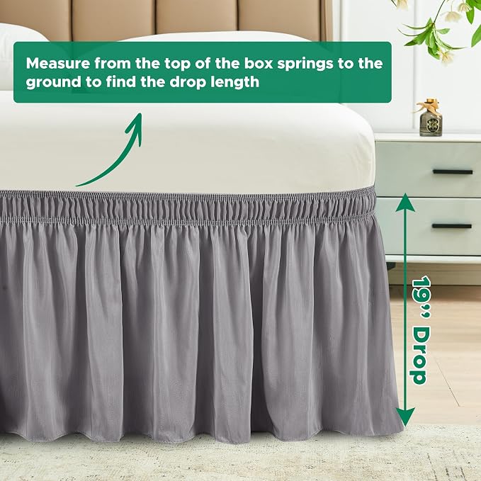 Wrap Around Bed Skirt Full Size 19" Drop-Elastic Dust Ruffle Silver Grey | Adjustable Pleated Bedskirt-Easy Fit Wrinkle Resistant Washable Bed Skirting-Hotel Studio Apartment Home Guest Bedroom Rental