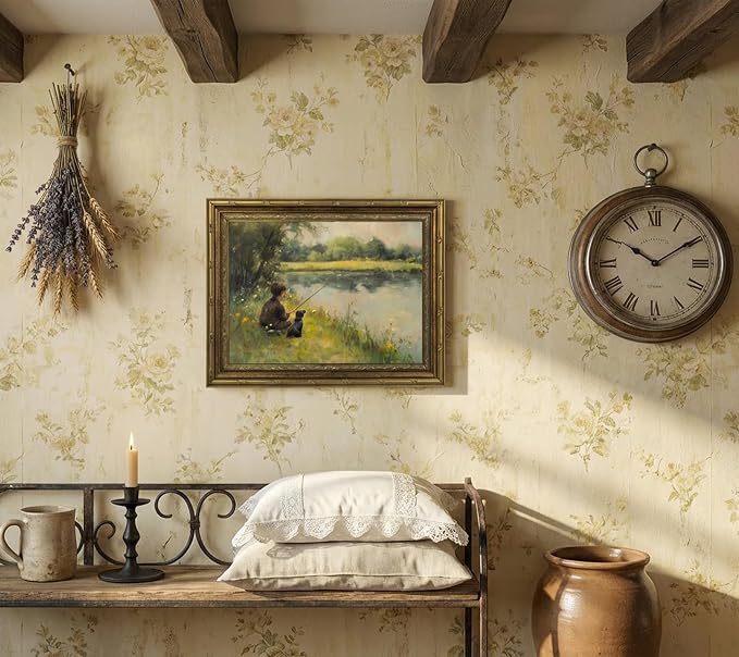Vintage Gold Framed Wall Art Boy Fishing Country Painting Picture Peaceful Lake Landscape With Dog Wall Decor Rustic Farmhouse Poster Print for Nursery Living Room Bedroom 12x16in