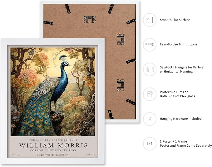 Poster Master William Morris Poster - Peacock Print - Bird Art - Botanical Design - Flower Art - Exhibition Display - Animal Illustration - Floral Design - Aesthetic Office or Bedroom Decor - 16x20 White Framed